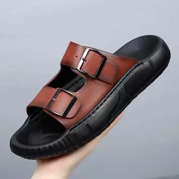 The first layer of cowhide slippers men s 2025 summer sandals men s thick-soled outer wear beach fishing two-word slippers 38