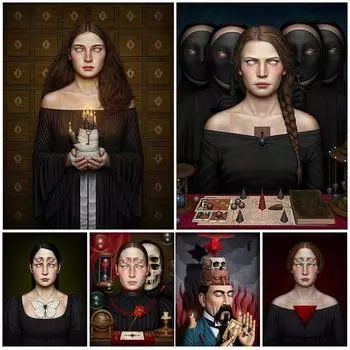 The Girl With The Pharaoh s Hand Candle And Mysterious White Eyed Girl Surreal Abstract Art Poster Print Witch Home Decor No Frame 21*30cm