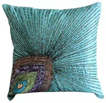 The HomeCentric Aqua Blue Pillow Shams Павлиньи перья с блестками, украшенные бисером, блестящие наволочки, шелковая подушка Shams в стиле ар-деко, Пасха - Peacock Grace