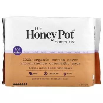 The Honey Pot Company, чехол из 100% органического хлопка, прокладки с травяной пропиткой, с крылышками, ночное недержание, упаковка из 16 шт.