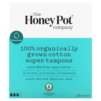The Honey Pot Company, супер-тампоны из 100% органически выращенного хлопка, 18 штук