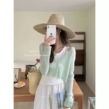 The Lemon Candy Color Thin V-neck Ice Silk Short-Style Knitting Sun Protection Shirt Female 2025 Spring and Summer Small Blouse Milk Green All yards