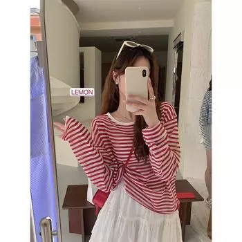 The Lemon Summer Thin Stripes Sun Protection Sweater Women s Korean Style Preppy Style Youthful-Looking Loose Pure Desire Blouse Red All yards