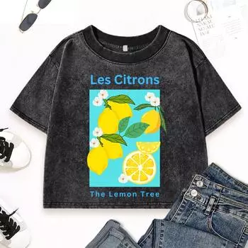 The Lemon Tree Les Citrons Print Women Washed T-Shirt Street Cotton Top Vintage Clothes Summer O-Neck Short Sleeve M