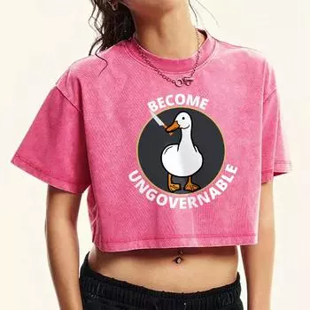 The Little Duck Holding A Knife Prints Women Washed T Shirt Fitness Y2K Clothes Street Casual Tees Cotton T-Shirt M