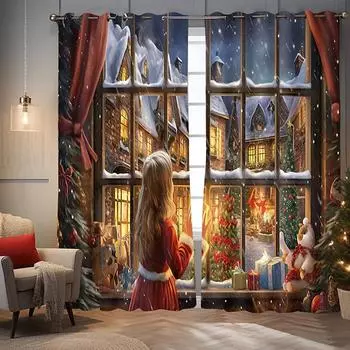 The Little Girl Praying By the Window Curtains, Living Room, Bedroom, Christmas Curtain, Home Decoration 1x50W60H(CM)&Hook