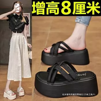 The national style is beautiful, platform slippers for women 2025 summer, small people step on shit, small size 34 increases height by 8 cm, beach 34 хаки