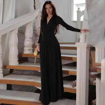 The New Autumn and Winter Women s Collection Features An Elegant, Cinched Waist and A Flowing, Casual, Niche Solid-color Pleated Long Dress S чёрный