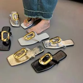 The New Square Toe Open-toe Flip-flops Women s Summer Wear Fashionable and Versatile Clip-toe Flat Metal Buckle Sandals 35 грязно-белый