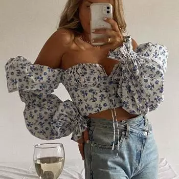 The New Summer Women s Wear Is A Sexy and Fashionable Short Top with Floral Flared Sleeves Lace-up Pleats and Crop Tops S синий