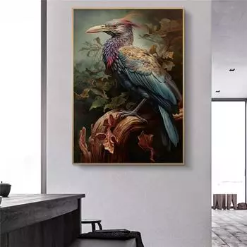 Попугай, ворона и птицы на цветочном фоне, холст, картина, настенное искусство, постеры, принты для гостиной, украшение для дома с животными, без рамки 21*30cm No Frame