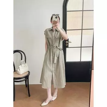 The Same Source of Cabinet Goods! 25 Summer New Arrival High Quality Minimalist Elegant Linen Waist-Controlled Lace-up Beaded Collar Shirt Dress Flaxen M