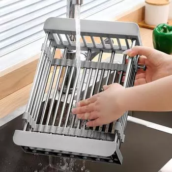 The Sink Dish Stainless Steel Dish Drainer with Adjustable Arms Holder Functional Kitchen Sink Organizer for Vegetable and Fruit