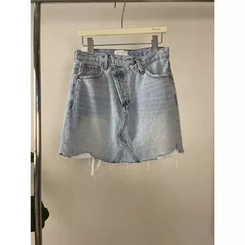 The Style Is Super Good Ag! Sweet Cool Style 23 Summer Light Blue Denim Skirt Skirt High Waist Oblique Buckle Waist Stylish Raw Edge Light Blue EUR25