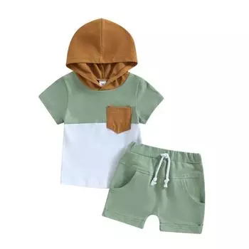 TheFound милая одежда для новорожденных мальчиков, топы с короткими рукавами и капюшоном и карманами на шнурке, короткие повседневные летние наряды 0-6 Months чёрный