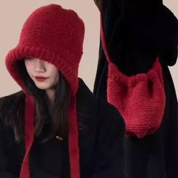 Thermal Ear Crossbody Bag Hat New Design Knitted Pullover Beanie Hat Drawstring Bag-Hat Winter Style 1