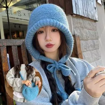 Thermal Ear Drawstring Bag-Hat Hand-crocheted Knitted Pullover Beanie Hat Crossbody Bag Hat Winter Style 1