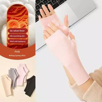 Thermal Gloves Half Finger Male Heating Fleece Silk Touch Screen Autumn and Winter Riding Open Finger Student Writing Office Typing Winter [Even finger wrist lengthen] Pink One size