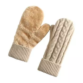 Thermal Knit Gloves for Winter Double-Layer Fleece Lined Windproof Mittens Thick Cold-Weather Gloves for Cycling Outdoor Activities бежевый
