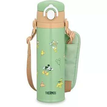Thermos Water Bottle, Vacuum Insulated Kids Mobile Mug, 500ml, Mickey Green, Removable Strap, Comes with Shoulder Pads that are Gentle on Shoulders, F