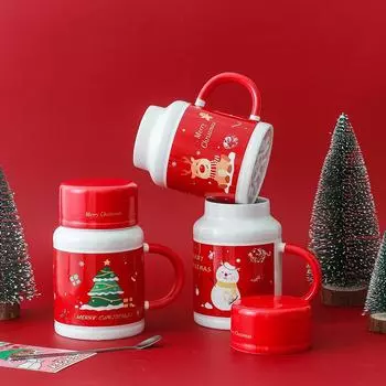 Thermostat Cup gift Box Set Warm Ceramic Cup mugs Holiday Lid With Spoon and Storage Bag Set Folding Spoon for Portable Meals 301-400ml