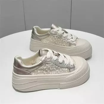 Thick baseplate shoes women s 2025 summer new versatile fashion shows temperament thin lace mesh breathable white shoes women 35 золотой