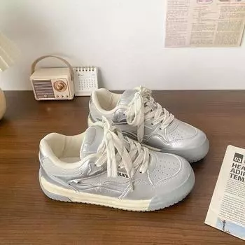 Thick baseplate shoes women s little white shoes trendy new autumn niche versatile sports and leisure bread shoes 35 серебряный