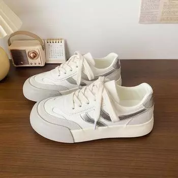 Thick baseplate shoes women s versatile spring and autumn new niche casual student round head white shoes 35 серебряный