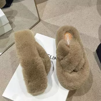 Толстые тапочки с перекрестными ремешками, женские, осенне-зимние, плюшевые, модные, универсальные, хлопковые тапочки для женщин 35 чёрный