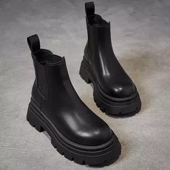 Thick Bottom Fashion Chunky Heel Martin Boots Leather Short Boots 35 чёрный