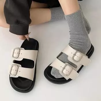 Thick Bottom Fashion Outside Wearing Sandal Slippers Leisure Belt Buckle Women Summer Shoes Retro Roman Solid Casual Flat Slides 35 бежевый
