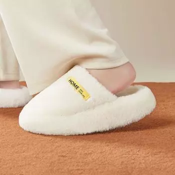 Thick Bottom Faux Fur Slippers Women New Indoor Plush Winter Couple Slides Woman Closed Toe Warm Non-Slip Cotton Padded Shoes 36-37 бежевый