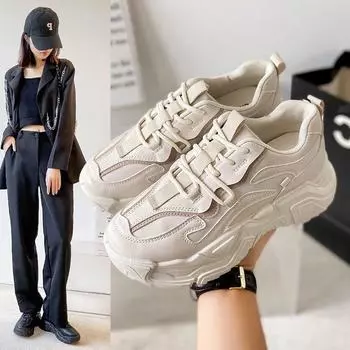 Толстая подошва, утолщенные туфли Daddy, женские осенне-зимние новые дышащие утягивающие белые туфли на платформе, повседневная женская спортивная обувь 35
