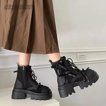 Thick Bottom Heightening Ankle Boots Women 2024 New Autumn Western Cowboy Single Boots Retro Side Zip Bow Short Botines Feminina 35 чёрный