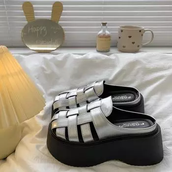 Thick bottom heightening bag head half slippers women s summer wear new summer fashion hollow muffin beach cool slippers 39