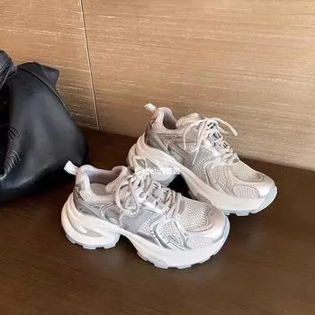 Толстая подошва увеличенная серебристая папина обувь женские летние новые ретро цветные дышащие повседневные кроссовки женские 35 белый
