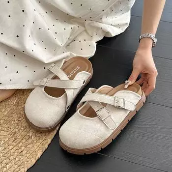 Thick bottom inner height increase girls summer new retro half bag head sandals wear retro bag head slippers women 35