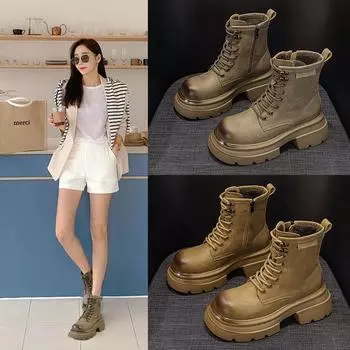 Thick bottom leather Martin boots casual fashion retro short boots big head mid-calf women s boots 35 жёлтый