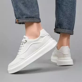Thick Bottom Mens Casual Footwear Leather Light Outdoor Walking Flats Comfortable Leisure Walk Footwear New Lace-Up Men Sneakers 38 белый