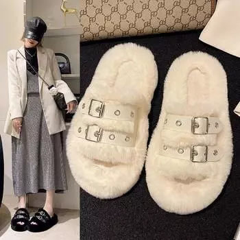 Thick Bottom Outer Wearing Furry Slippers,Fashionable Hundred Belt Buckle,Home Cosy Warm Slippers 35 бежевый