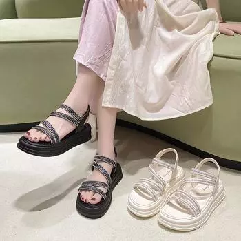 Thick Bottom Sandals Female Rhinestone Fairy Big Size Beach Shoes Summer Muffin Roman Shoes Fashion Women Summer Shoes Breathable for Hot Weather 35