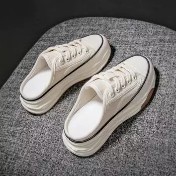 Толстый носок полутапочки уличная одежда новые летние без каблука ленивые парусиновые туфли женские 35