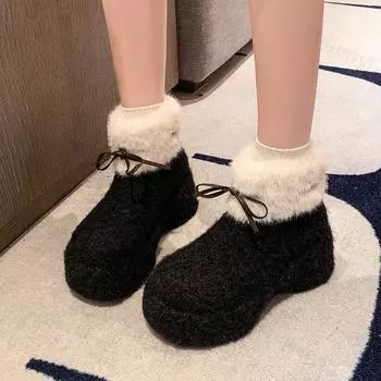 Теплые хлопковые ботинки из бархата с толстой подошвой, женские зимние ботинки на платформе, новые зимние модные женские плюшевые ботильоны с круглым носком и бантом 35