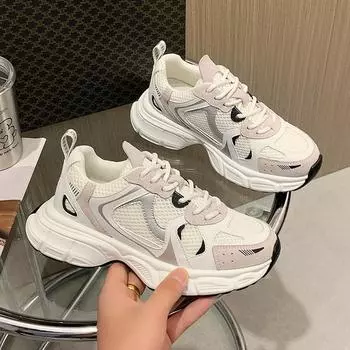 Thick Bottom Women s Casual Shoes Mesh Breathable Comfortable Elevated Increase Running Sneakers Fashion Simple Summertime 35 бежевый