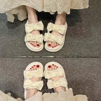 Thick Bottom Women s Sandals Summer New Butterfly-Knot Hook & Loop Non-slip Platform Sandal Casual Beach Shoe Sandalias 35 бежевый