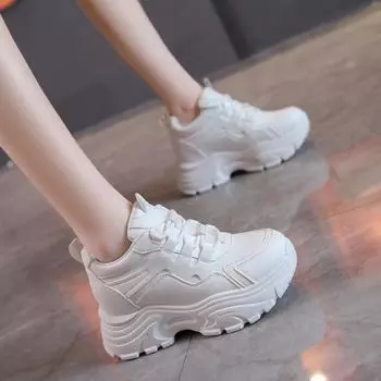 Женские кроссовки с толстой подошвой 2024 года, новые дышащие кроссовки из вулканизированной сетки со шнуровкой, женские белые спортивные туфли на платформе 35 белый