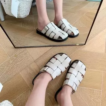 Thick bottom woven hollow flat bottom bag head Roman slippers women s 2025 new versatile comfortable and light beach slippers 35