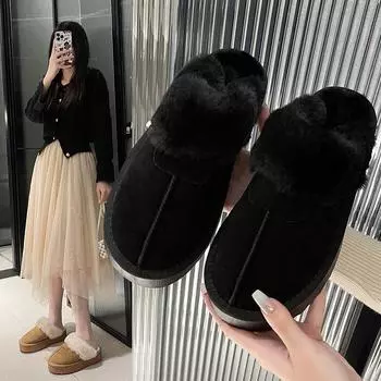 Thick-bottomed bag head fluffy half-slippers for women s autumn and winter wear 2024 new small height-increasing piled thickened cotton slippers 35 чёрный