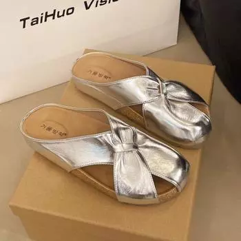 Thick-bottomed bag head half slippers women s outer wear summer new comfortable skirt beautiful niche silver cool slippers 35