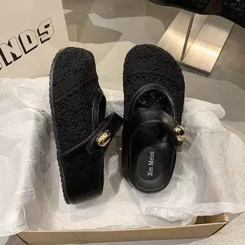 Thick-bottomed bag head hollow inner height increase half slippers women wear new summer breathable mesh surface one pedal sandals 35 чёрный